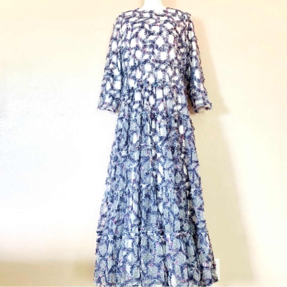 Dainty Jewells Stain Glass White & Purple Sequins Swiss Dot Tiered Maxi Dress.